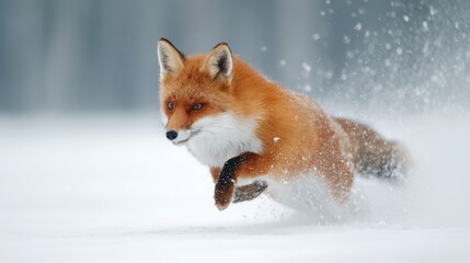 Obraz premium Red Fox jumping, Vulpes vulpes, wildlife scene from Europe. Orange fur coat animal hunting in the nature habitat. Fox jump on the green forest meadow with first snow. Wildlife scene from nature.