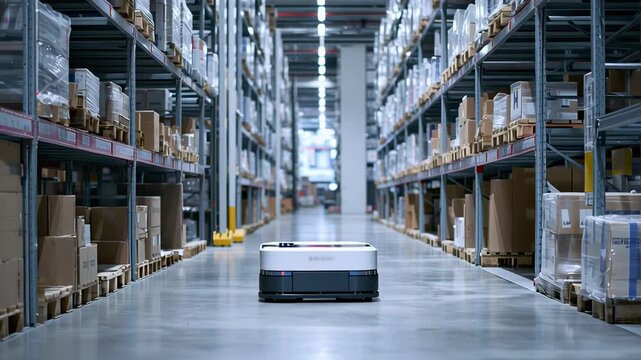 Clean warehouse aisle with an AMR robot navigating between racks; neutral industrial lighting and steady motion for logistics, automation, and fulfillment themes