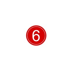This image shows a bold red circular badge with the number 6 written in white at the center. The circle has a thin white outline, making it stand out against the plain white background. It resembles 