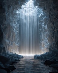 Abstract Polygeometric Waterfall in a Cave Surrounded by Crystalline Rock Formation and Light