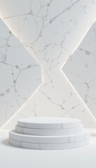 Stacked white marble podiums illuminated by soft light against a geometric marble backdrop