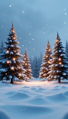 Snowy pine trees adorned with warm lights in a winter forest landscape under a dusky sky