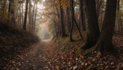 Obraz premium A dirt path winds through an autumn forest, trees lining the route in soft focus