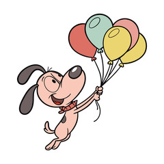 Cartoon Dog Floating While Holding a Bunch of Balloons Illustration