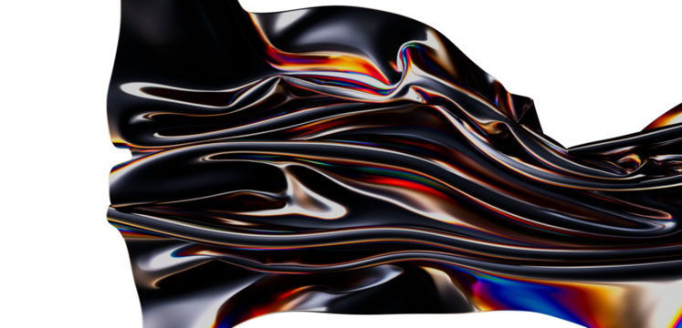 A stunning abstract artwork featuring a reflective fabric with flowing shapes and iridescent color gradients. Evokes a sense of mystery, luxury