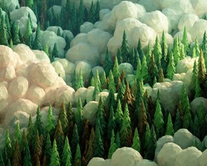 Stylized Dense Cloud Forest with Polygonal Trees and Lush Green Landscape