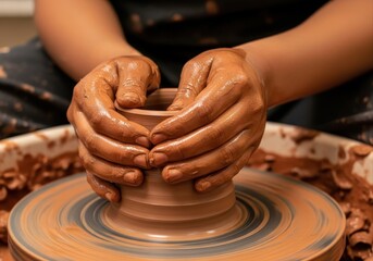 closeup of potter's hands shaping clay pot on spinning wheel. artisan creating ceramic ware in workshop. concept of craftsmanship, hobby, and handmade art.
