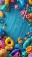 Colorful abstract shapes and spheres scattered on a textured blue background