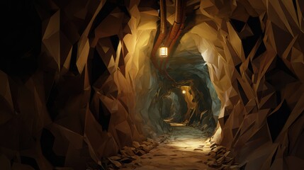 Detailed View of an Underground Tunnel in a Complex Mine Environment with Lighting Features