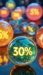Glowing percentage spheres with 30 in the foreground 5 in background set against a dark sparkling background