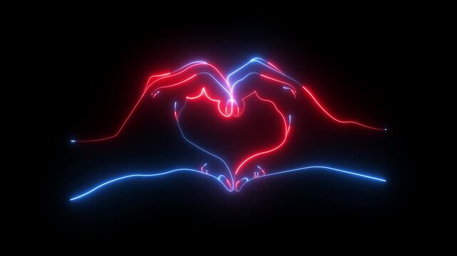 glowing neon Two hands icon in the form of a heart animation. Love sign hand icon animation. Love icon in neon heart-shaped hands animation. Concept of unrequited love hand neon sign animation.