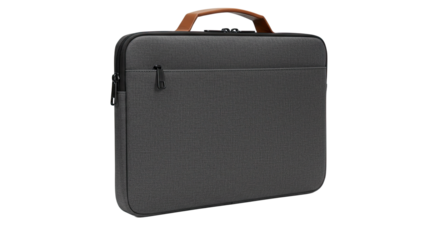 Sleek black laptop case with brown handle for secure device transport.