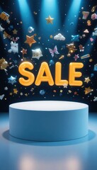 Large orange SALE text floats above a blue stage with falling confetti and gift boxes under spotlights