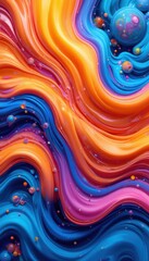 Swirling abstract waves of vibrant blue orange and pink with floating spheres and droplets
