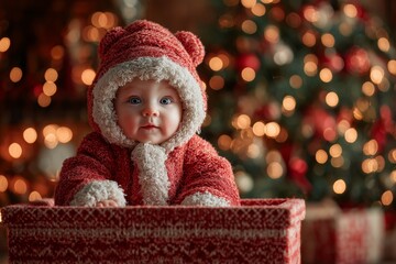 Adorable Baby in Santa Costume Sitting Inside Christmas Gift Box by Tree