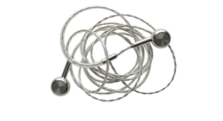 Tangled silver wired earphones with metallic earbuds on a white background.