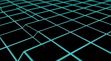 Abstract image of teal grid lines on black background creating a three-dimensional effect, showcasing geometric design and modern technology