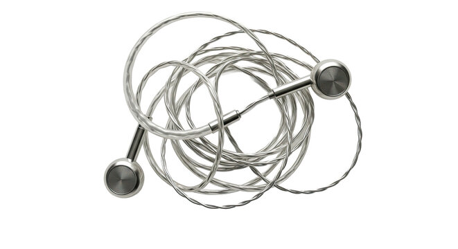 Tangled silver wired earphones with metallic earbuds on a white background.