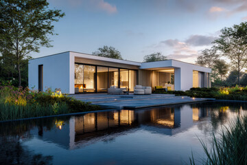 Clean architectural rendering of a contemporary English residence featuring glass walls, sharp lines, black-and-white contrast, and tranquil pool reflections, 