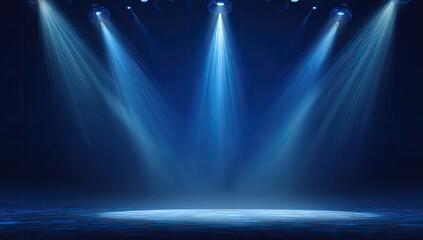 Bright blue stage lights illuminate a smoky dark space, casting spotlights from above