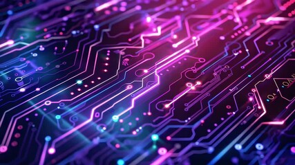 Cyber Monday neon banner with glowing circuit‑board pattern and pulsing lines on a dark grid; futuristic tech loop for online deals, headers, and ads