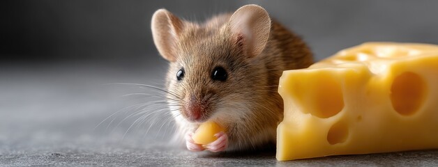 Small brown mouse holding cheese near a piece of Swiss cheese on a gray surface in a cozy indoor setting