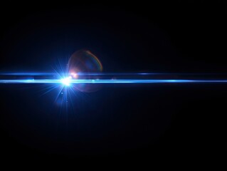 A bright blue lens flare with a burst of light and rainbow-like reflection against black