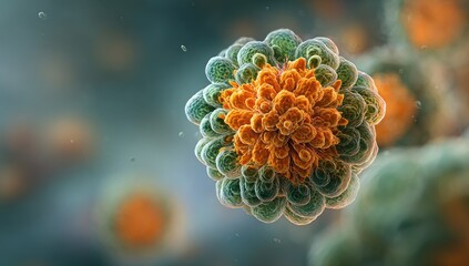 A detailed close-up of a colorful, spherical biological structure. Blurry background