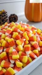 A pile of colorful candy corn pieces. perfect for Halloween decorations or festive treats. Bright