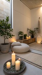 A minimalist meditation space with candles as the focal point. a serene area where one can unwind