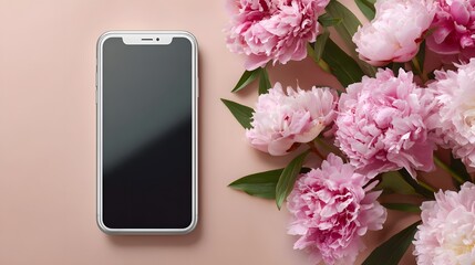 Smartphone mockup with a clean screen and pink peonies on a pastel background. Technology, femininity, spring