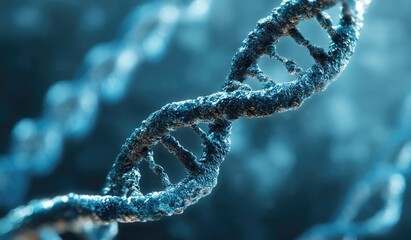 Close-up view of a twisting double helix structure against a blurred, blue background