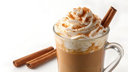 A pumpkin spice latte topped with whipped cream and cinnamon sticks isolated on white transparent