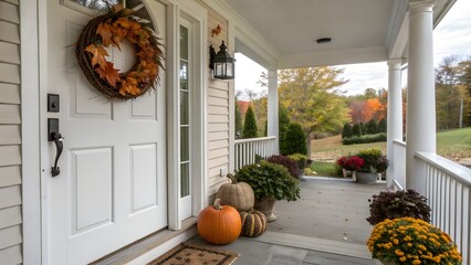 A porch with a white door and a wreath on it. The porch is decorated with pumpkins and other fall