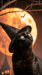 A retro Halloween spooky vintage style black cat in a witches hat off center with moon and orange
