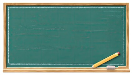 Isolated rectangular chalkboard with wooden frame, pencil, and eraser. Green board with white border