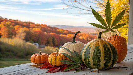 A serene autumn scene featuring colorful gourds and a cannabis leaf. perfect for seasonal designs