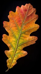 A single oak leaf in autumn colors against a black background. showcasing its intricate veins and