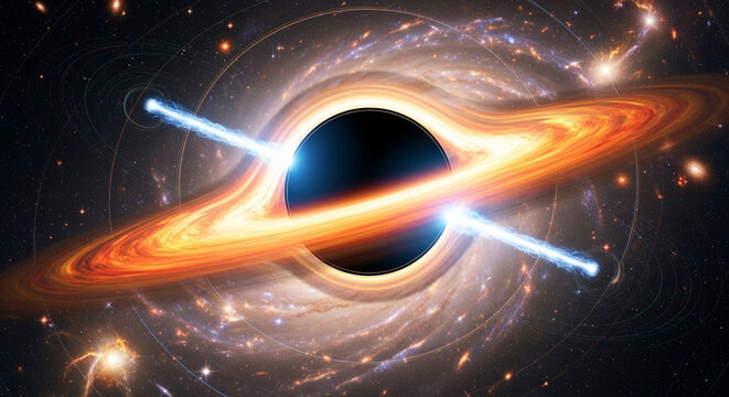 Black hole illustration with accretion disk and jets space galaxy astronomy cosmic event horizon singularity