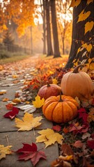 Autumn festive background. Joyful with warm seasonal colors. composition of pumpkins. fall leaves