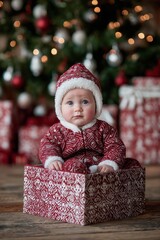 Adorable Baby in Santa Outfit Sitting Inside Gift Box by Christmas Tree