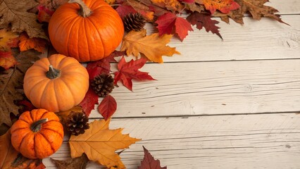 Autumn fall Thanksgiving background with decorative orange pumpkins at the corner and copy space.
