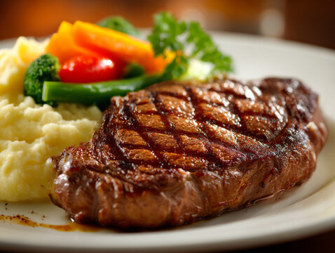 A large, juicy, beautifully grilled steak with colorful mashed potatoes and vegetables on the side.
