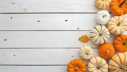 Autumn top border of orange. white and striped pumpkins on a white wood background. Top view with