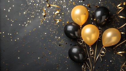 Black and golden balloons and confetti on dark background. Birthday. holiday or party background.