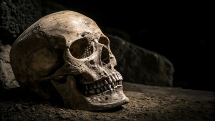 Black background with ancient art of skull terrifying It creates a dark atmosphere and has a dark