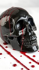 Black glossy skull with realistic teeth and dripping red paint against white background. creating