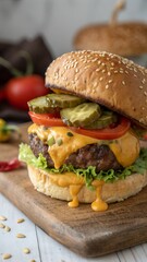 Cheeseburger. Homemade. Halloween . Close-up photography of Delicious and tasty Cheeseburger malt