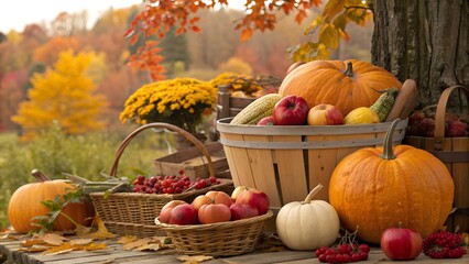 Bountiful harvest produce. Autumn background with pumpkins. apples and other seasonal vegetables.