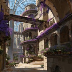 Serene Conceptual Art of an Enchanted Courtyard with Lush Vegetation and Architectural Elegance